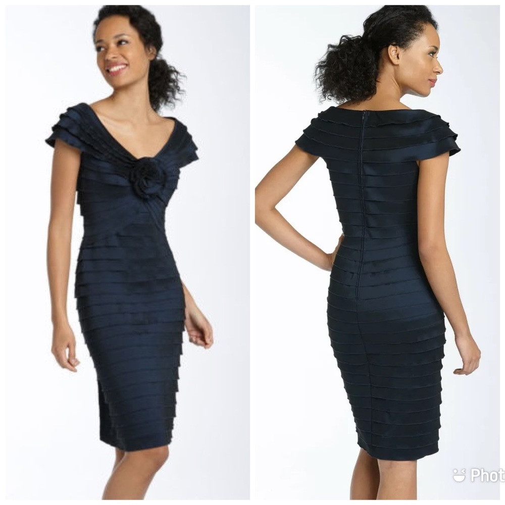 Tadashi Shoji Pleated Taffeta Rosette Cocktail Dress Blue Sz 10 Petite